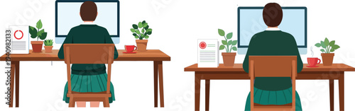 Person working at desk with computer and plants in home office or student study space flat vector illustration set