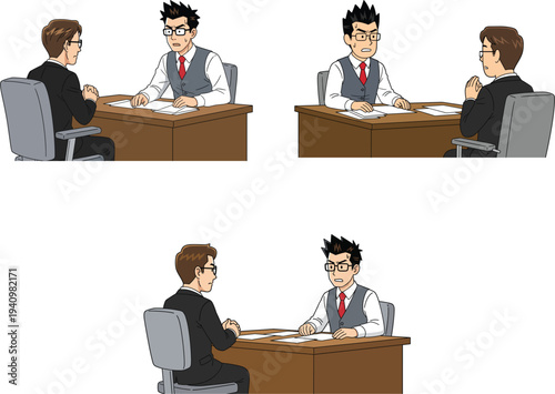 Professional business job interview vector set showing a nervous candidate and an angry boss at a desk