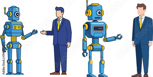 Professional businessman in blue formal suit standing and interacting with blue humanoid AI robot characters in flat vector illustration set