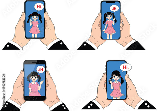 Vector illustration set of hands holding smartphones with cute anime girl character on screen saying hi in speech bubbles