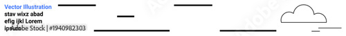 Graphic design, layouts, digital templates, minimalism, abstract art, creativity. Minimalist linear cloud paired with textual and abstract horizontal lines. Graphic design and layouts concept