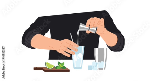 Two hands in a black shirt are pouring liquid from a silver jigger into an ice-filled glass with a straw, beside lime and mint on a cutting board.