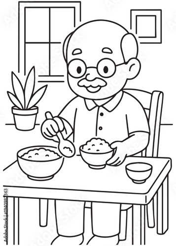 coloring book dad eating rice with chopsticks at the dining table
