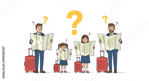 A family of four stands with red luggage and open paper maps while yellow question marks float above their heads on a white background.
