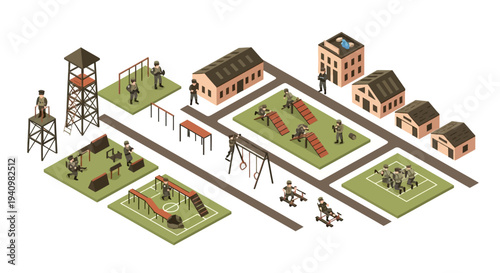 Isometric illustration of a military base with fighter jets, vehicles, and personnel on a gray and blue-toned strategic map, showcasing a 3D army base concept with buildings and