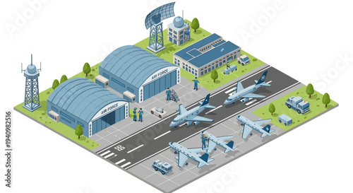 Isometric 3D illustration of a military base with aircraft on the runway and hangars in a strategic layout.