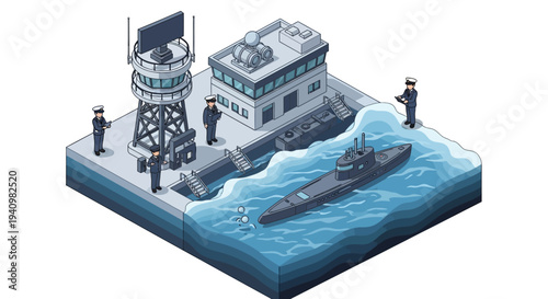 Isometric 3D illustration of a military base with a submarine launching into the ocean, surrounded by personnel and a control tower on a white background with a sense of strategic operation.
