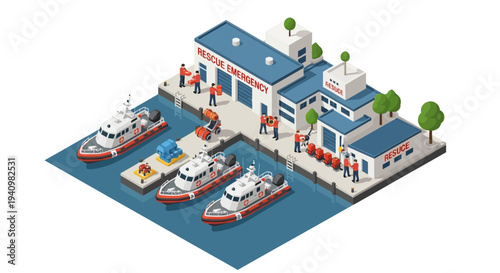 Isometric 3D illustration of a military base with boats docked at a harbor, featuring a strategic army camp design with barracks and facilities.