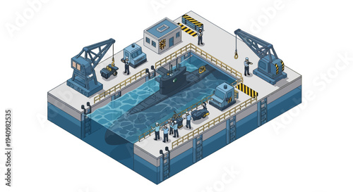 Isometric 3D illustration of a military base with a submarine in a dry dock, surrounded by cranes and personnel on a white background with a blue and grey color scheme.
