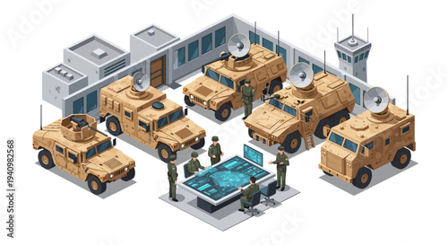 Isometric 3D illustration of a military base with vehicles and personnel around a strategic map, showcasing a 3D isometric military design concept.