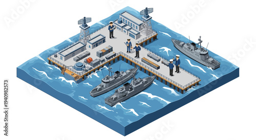 Isometric 3D illustration of a military base with a dock and ships in the water on a blue background.