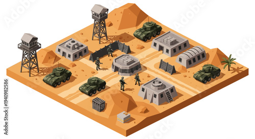 Isometric 3D illustration of a military base with buildings, watchtowers, and vehicles on a desert landscape with a sandy terrain and sparse vegetation.