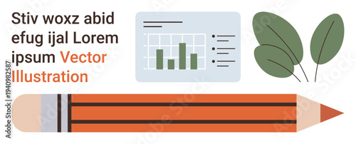 Data visualization, education, creativity, ecological design, presentation tools, analytics. A chart alongside leaves and a pencil. Data visualization and education-related concept