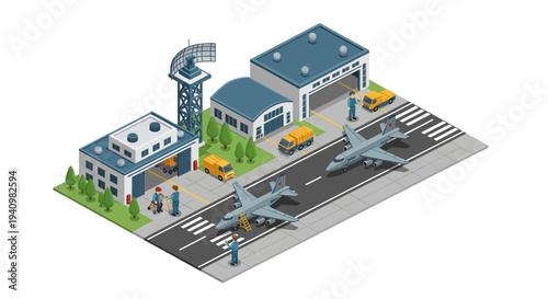 Isometric illustration of a military base with fighter jets, buildings, and vehicles on a gray and blue color palette, conveying a sense of military operations and strategy.
