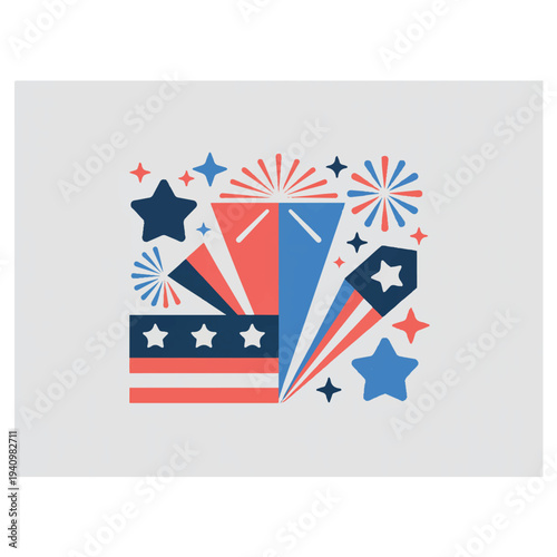 Vibrant patriotic design with fireworks and stars in red, white, and blue