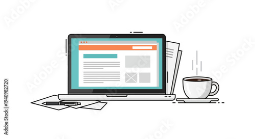 Flat design laptop, coffee cup, and documents for remote work