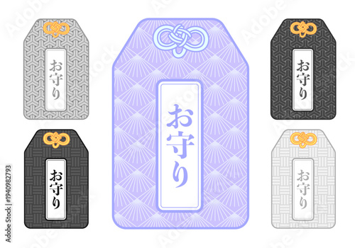 日本のお守りをモチーフにしたベクターアイコンセット。麻の葉、青海波、籠目などの伝統的な和柄をあしらったモダンで清潔感のあるデザイン。紫、グレー、黒、白のカラーバリエーション。初詣、合格祈願、健康祈願、日本文化を紹介する広告やバナー、ウェブサイトに最適な素材。