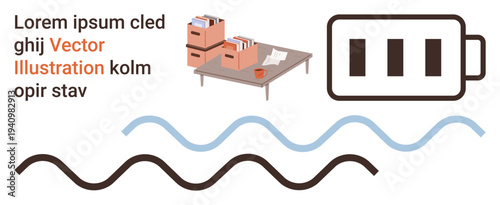 Energy, workplace organization, productivity, digital concepts, creativity, abstract designs. Battery icon, desk with office files waves and text. Energy and workplace organization concept