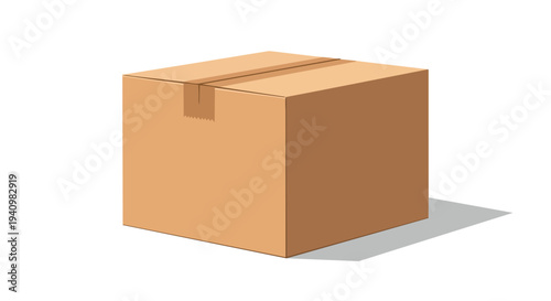 A singular, sealed cardboard shipping container rendered in flat vector illustration style with prominent taped seam detail and subtle shadow casting