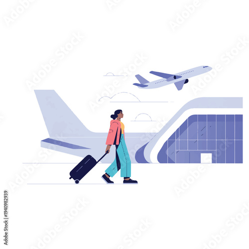 Young woman traveling with luggage at modern airport terminal with plane taking off