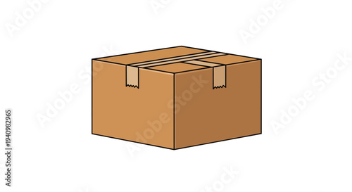 A simple illustrated cardboard box securely sealed with tape, ready for shipping or storage with a clean white background