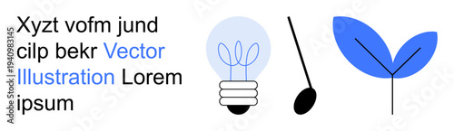 Sustainability, renewable energy, eco-innovation, green technology, environmental education, nature care. Minimalistic light bulb, leaf and plant design. Sustainability and renewable energy concept