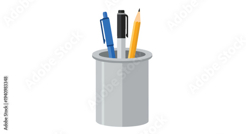 A simple and modern illustration of a grey pencil holder containing a blue pen, black marker, and yellow pencil against a white background