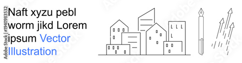 Urban development, creativity, business growth, architecture, planning, innovation. City buildings sketched with pen and arrows pointing upward. Urban development and creativity concept
