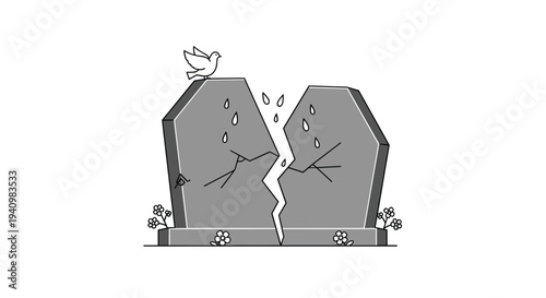 Two light grey tombstones, fractured down the middle, stand apart with a white dove and falling tears, surrounded by small flowers on a white background.
