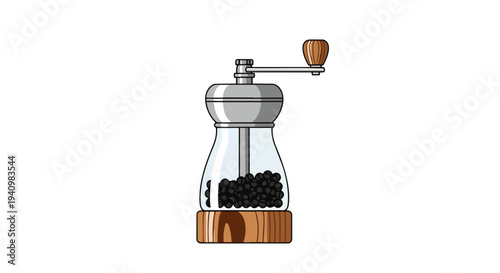 Retro wooden and metal pepper mill filled with peppercorns, a classic kitchen essential for enhancing culinary flavors