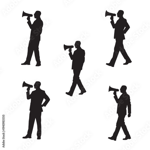 Set of Businessman Silhouette Holding Megaphone and Shouting, Professional Male Figures in Suits Communicating Ideas and Marketing Announcements Isolated