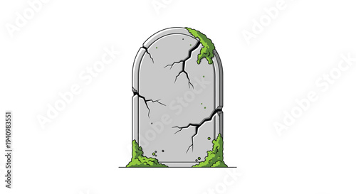 A light grey, arched tombstone with prominent cracks and patches of vibrant green moss stands alone against a pristine white background.