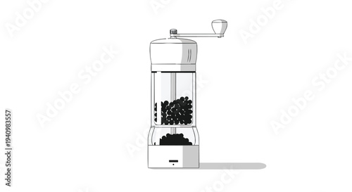 Minimalist Line Art Illustration of a Transparent Pepper Mill Filled with Black Peppercorns and a Silver Cranking Handle
