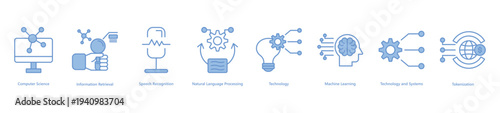 Core computer science banner web icon vector illustration featuring icons of computer science, information retrieval, speech recognition, natural language processing, technology, machine learning