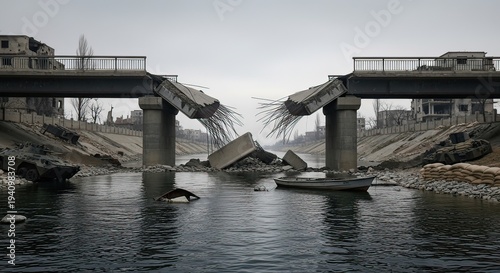 Devastating Destruction, Collapsed Bridge, Urban Area, Photo, Post-Apocalyptic, Low Angle, Urban Decay