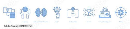 Digital and quantum frontiers banner web icon vector illustration featuring icons of server, predictions, brain and cognitive computing, digital, face recognition, quantum