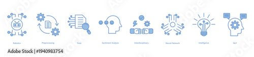 Intelligent data processing banner web icon vector illustration featuring icons of robotics, preprocessing, data, sentiment analysis, interdisciplinary, neural network, intelligence, and NLP