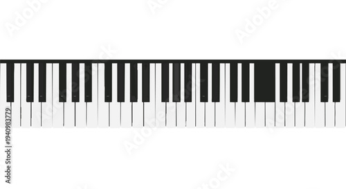 A horizontal perspective of a piano keyboard with black and white keys against a stark white background, inviting musical exploration and artistic