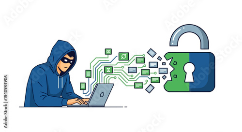 Hacker in blue hoodie with laptop breaking digital padlock, data breach concept
