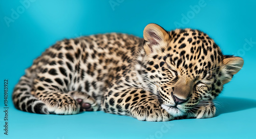 Adorable leopard cub sleeping peacefully on a plain blue background, capturing its innocent beauty and delicate features