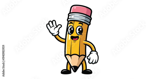 Happy cartoon yellow pencil character mascot waving