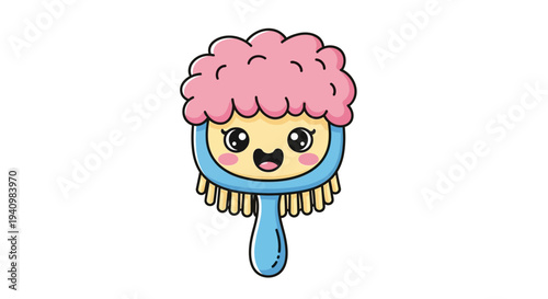 Happy kawaii cartoon brush character with fluffy pink hair and a blue handle.