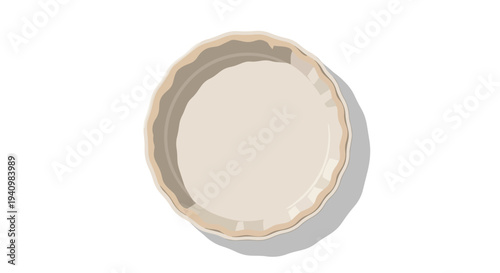 A minimalistic illustration of an empty ceramic pie dish casting a subtle shadow on a clean white background, perfect for culinary themes