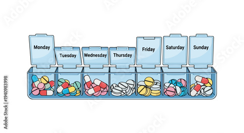 Daily Pill Organizer Filled With Assorted Capsules and Tablets for Seven Days a Week Medication Management