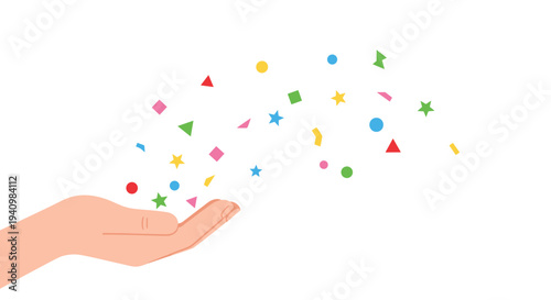 A light-skinned human hand with an open palm is positioned on the left, as colorful geometric confetti shapes scatter above it on a white background.