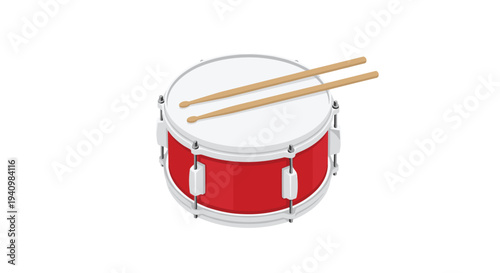 An isometric view of a red snare drum with two wooden drumsticks resting on the white drumhead surface against a plain white background.