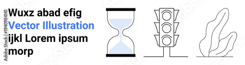 Time management, traffic control, graphic design, abstract art, creative concepts, workflow optimization. Hourglass, traffic light and abstract lines. Time management and traffic control
