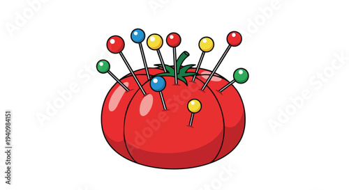 A vibrant red tomato pin cushion, a whimsical sewing tool adorned with an array of colorful pins, perfect for crafting and needlework