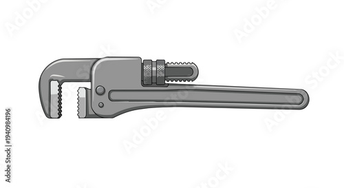 A Simple Gray Pipe Wrench Isolated on a White Background, Representing a Common Plumbing Tool and Mechanical Device for Gripping and Turning