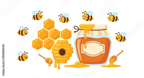 A glass jar of honey sits next to a yellow beehive and honeycomb pattern with several small cartoon bees flying around on a white background.